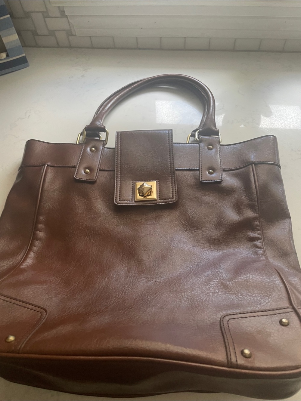 Women's Brown Leather Tote with Gold Accent